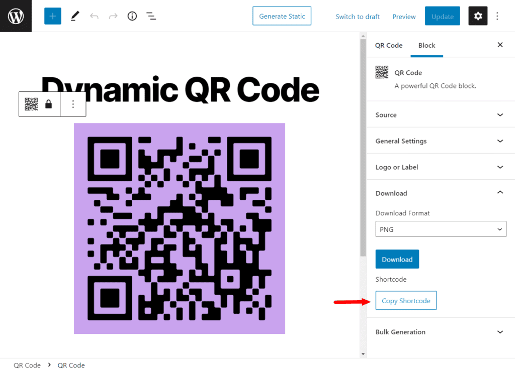 copy qr code shortcode