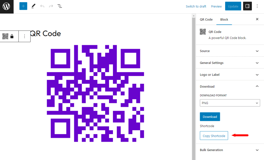 qyrr copy shortcode qr code