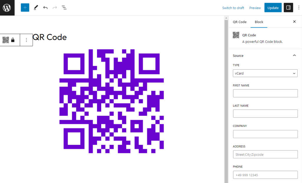 vcard qr code qyrr