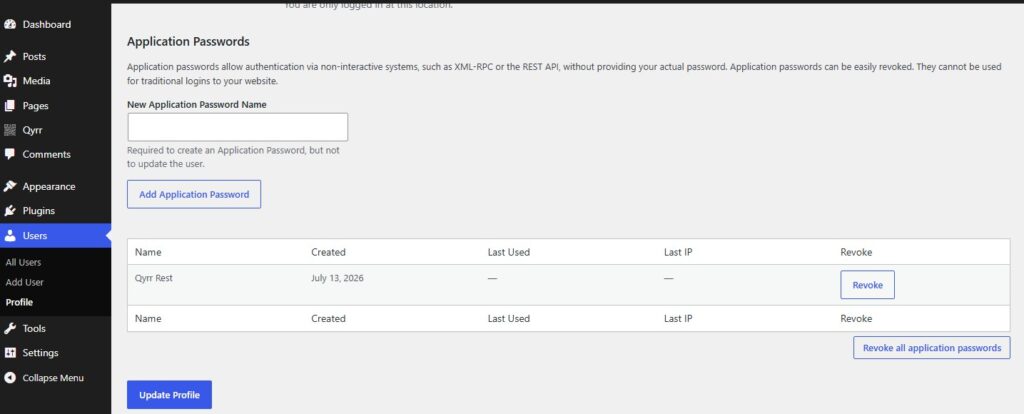 Application Passwords section in the WordPress user profile with a new application password being added