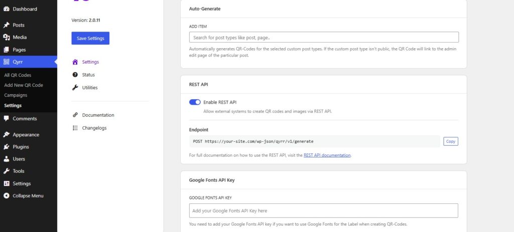 Qyrr settings page showing the REST API card with the Enable REST API toggle turned on